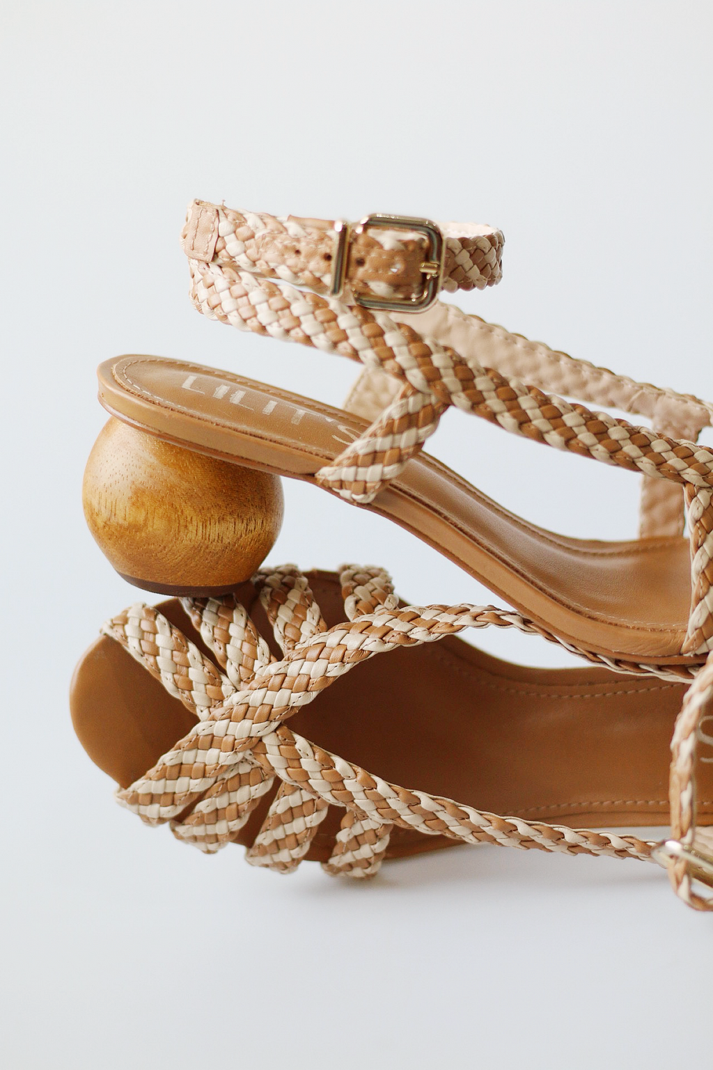 Abby sandal with two-tone braided detail and chestnut wood heel.