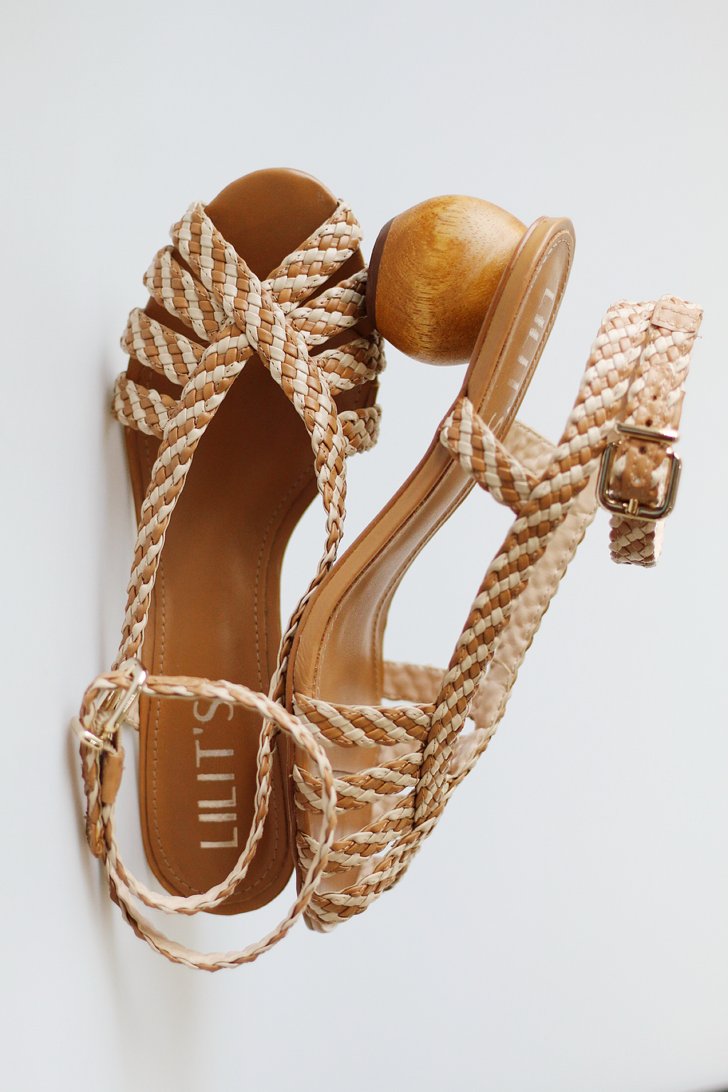 Abby sandal with two-tone braided detail and chestnut wood heel.