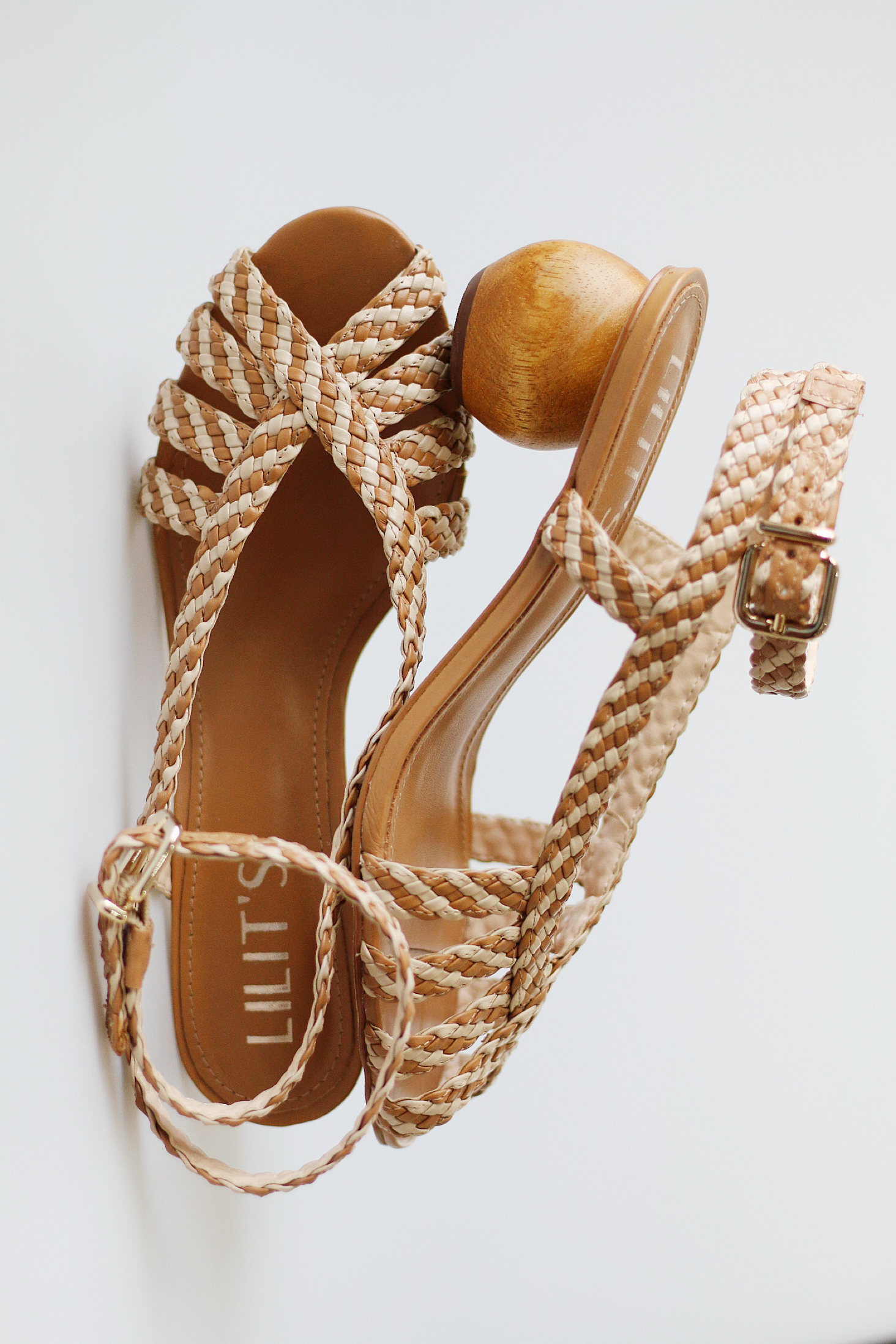 Abby sandal with two-tone braided detail and chestnut wood heel.
