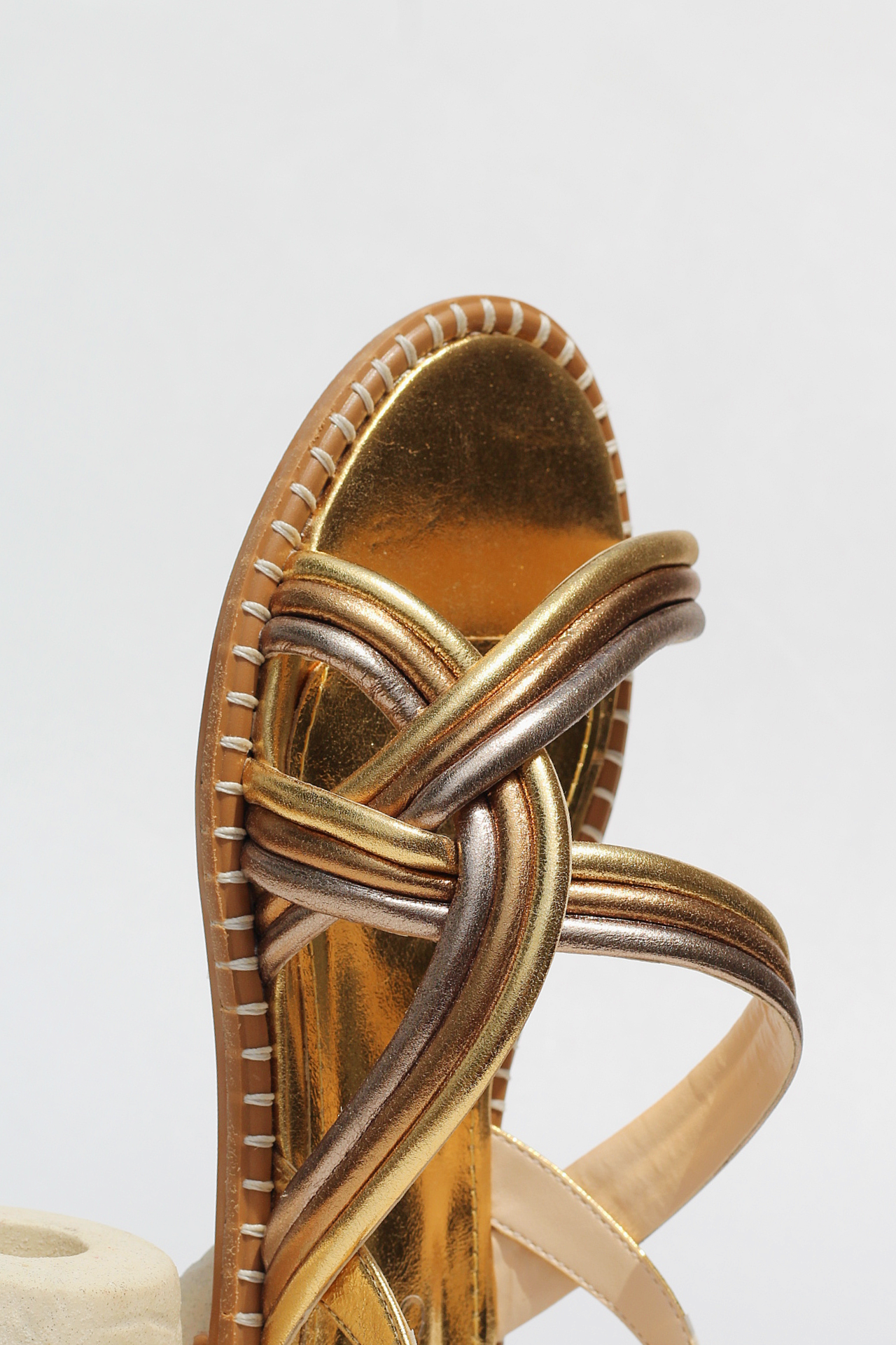 Gaia tricolor mid-calf sandal with side crochet detail.