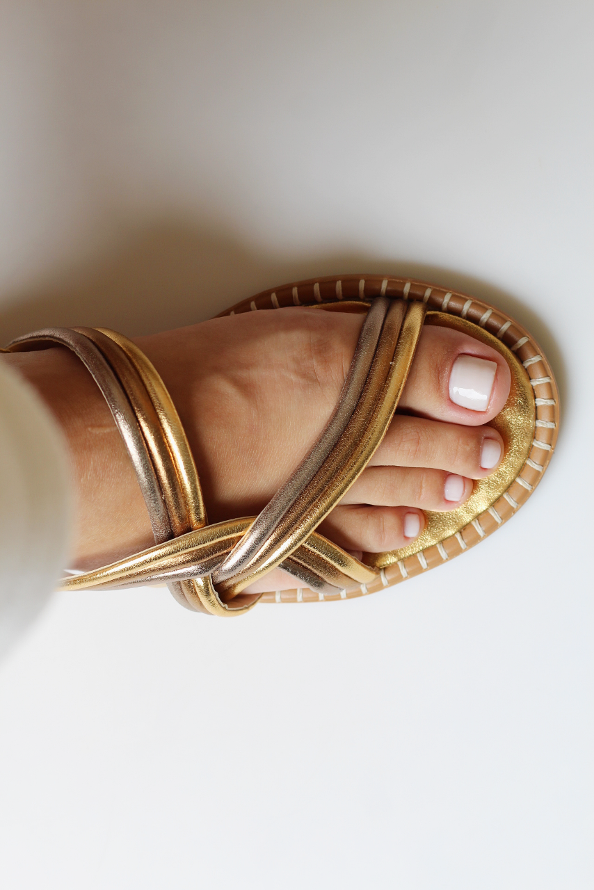 Gaia tricolor mid-calf sandal with side crochet detail.