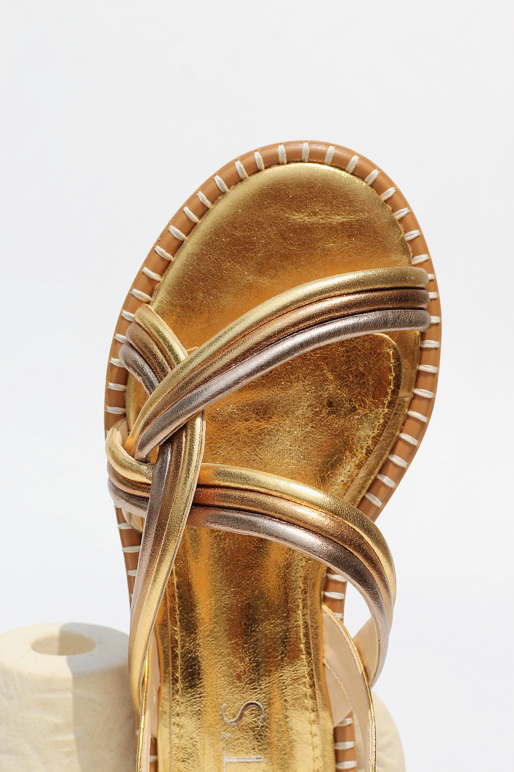 Gaia tricolor mid-calf sandal with side crochet detail.