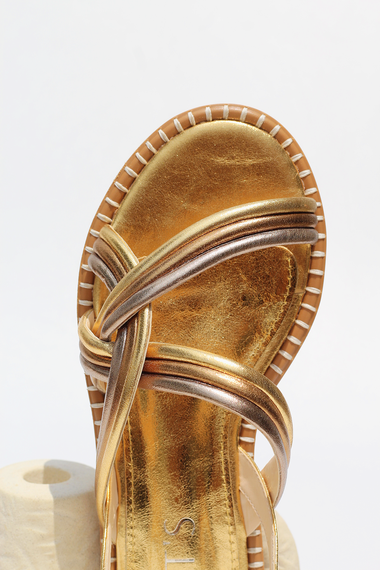 Gaia tricolor mid-calf sandal with side crochet detail.