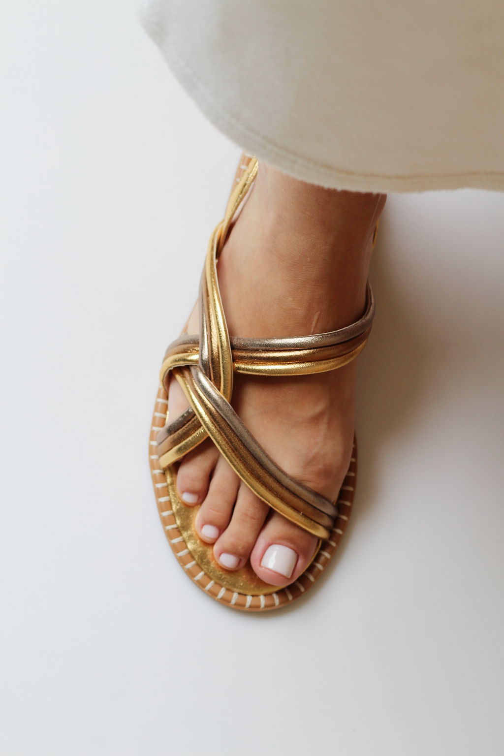Gaia tricolor mid-calf sandal with side crochet detail.