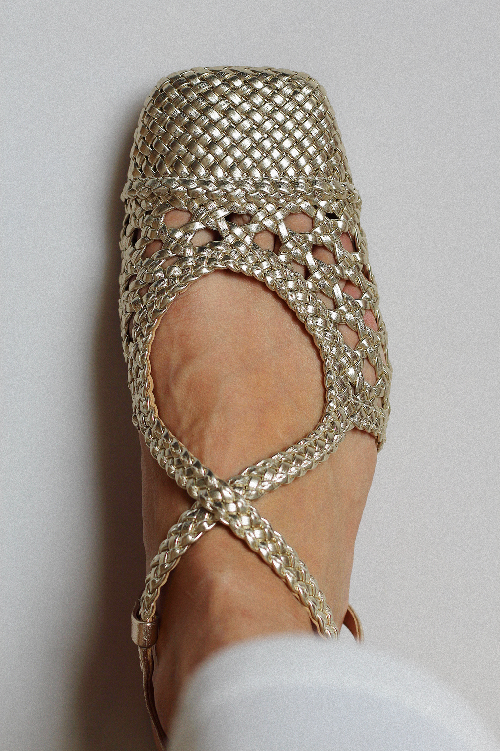 Mary Jane ballet flat with light gold braid.