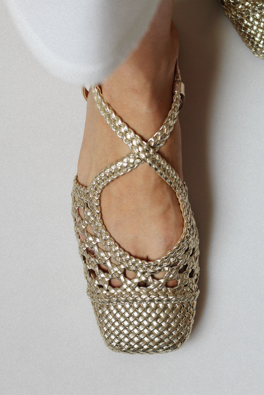 Mary Jane ballet flat with light gold braid.