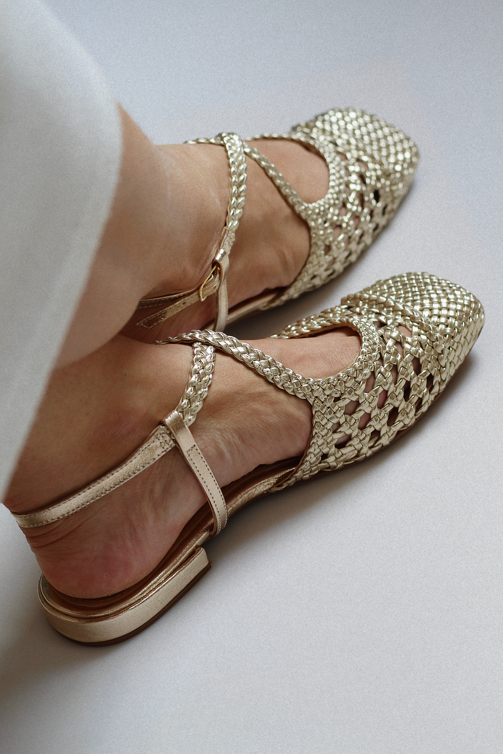 Mary Jane ballet flat with light gold braid.