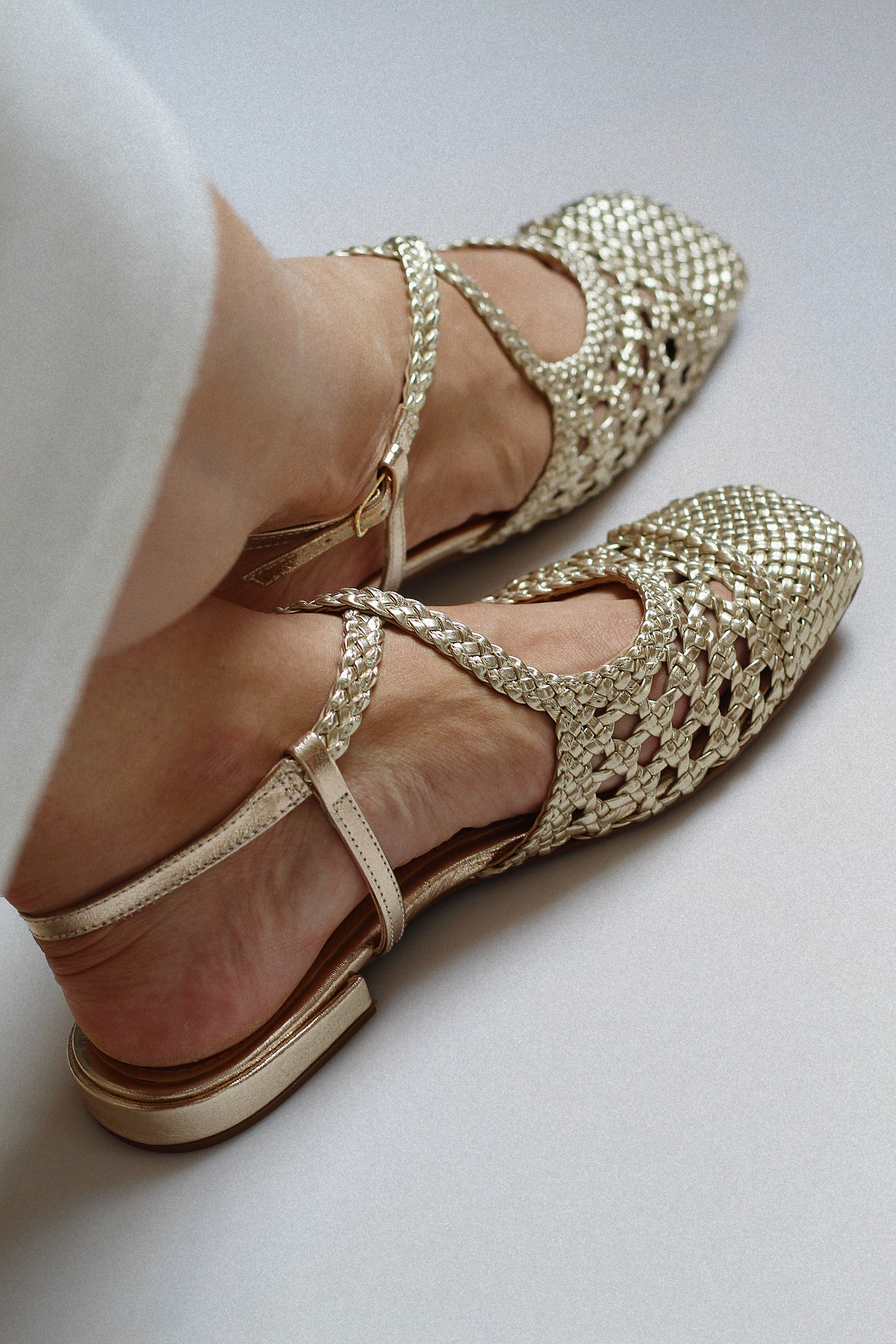 Mary Jane ballet flat with light gold braid.