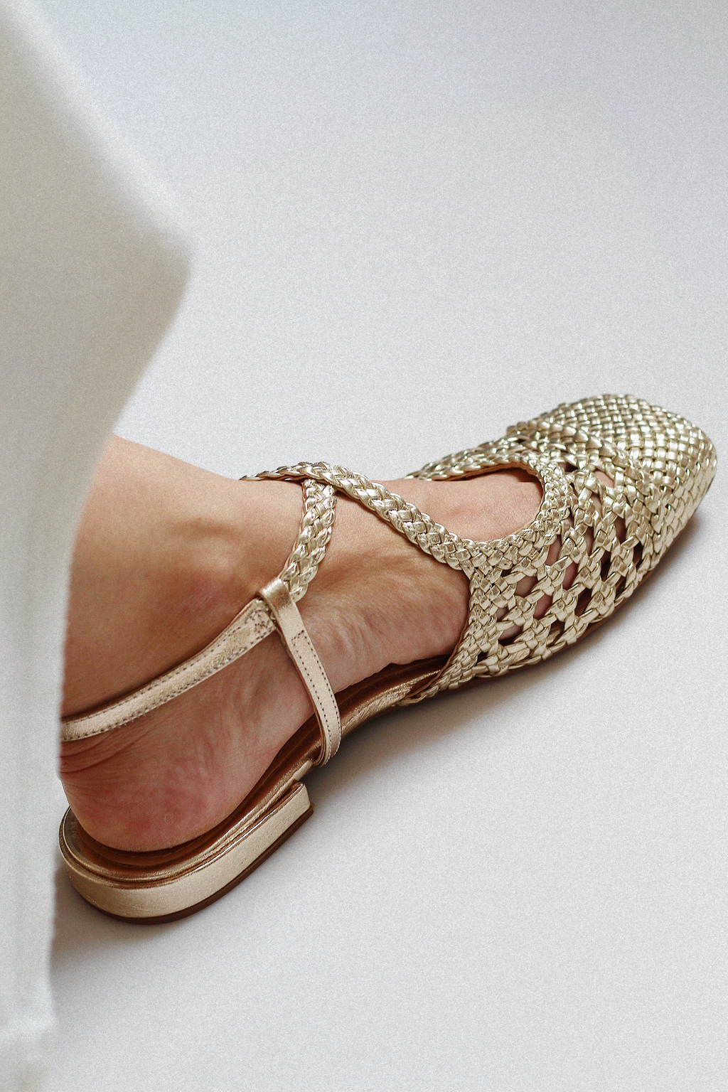 Mary Jane ballet flat with light gold braid.