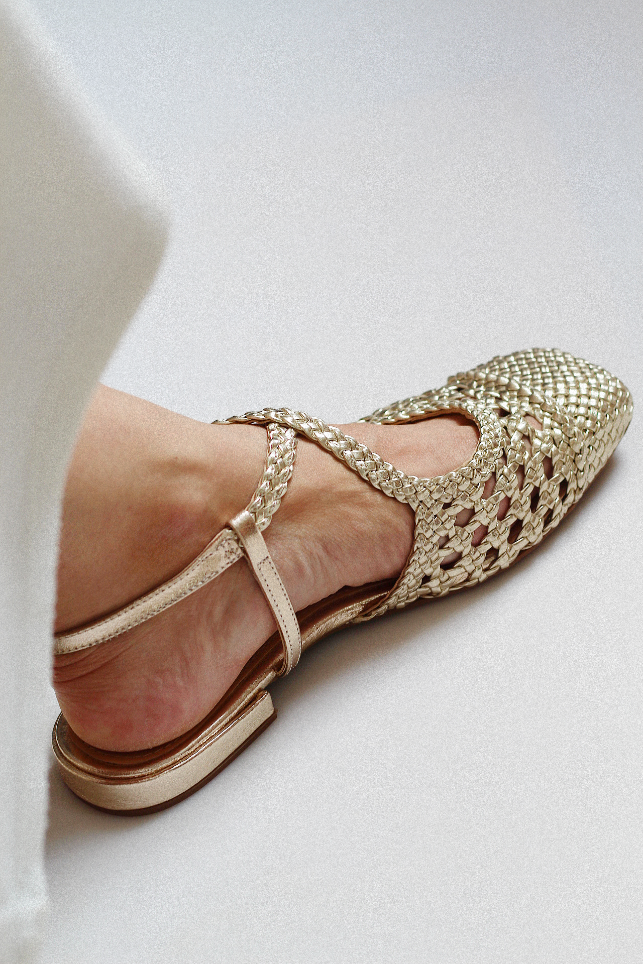 Mary Jane ballet flat with light gold braid.