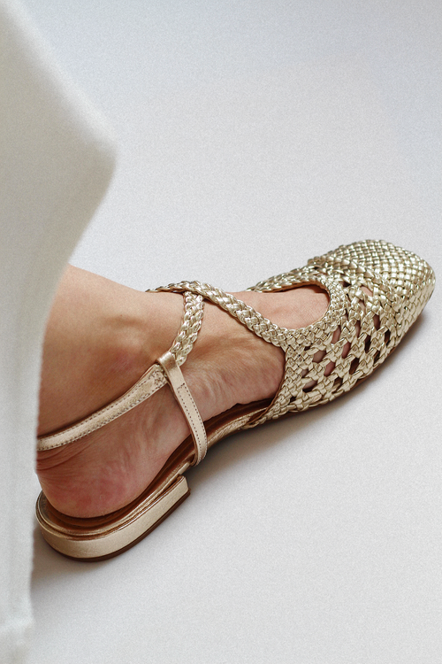 Mary Jane ballet flat with light gold braid.