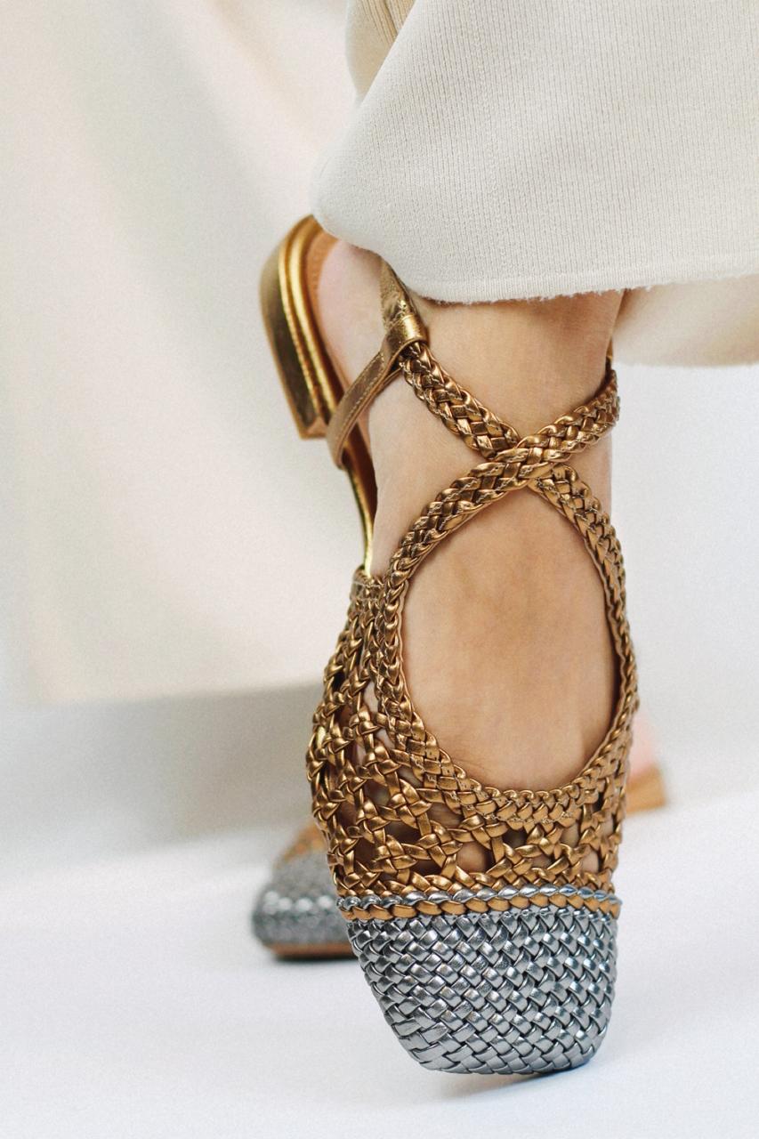Mary Jane ballet flat with braided detail in bronze and silver.