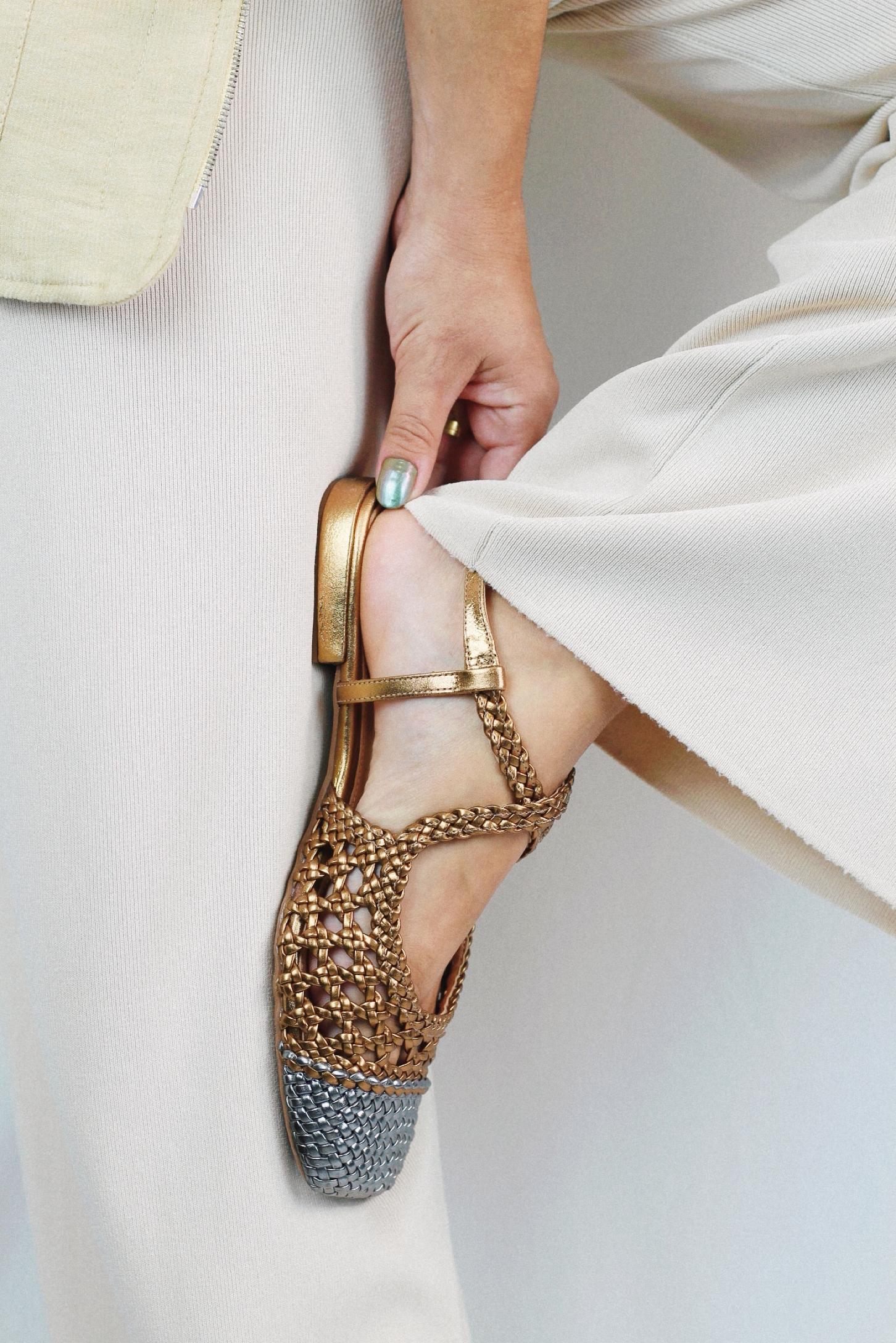 Mary Jane ballet flat with braided detail in bronze and silver.