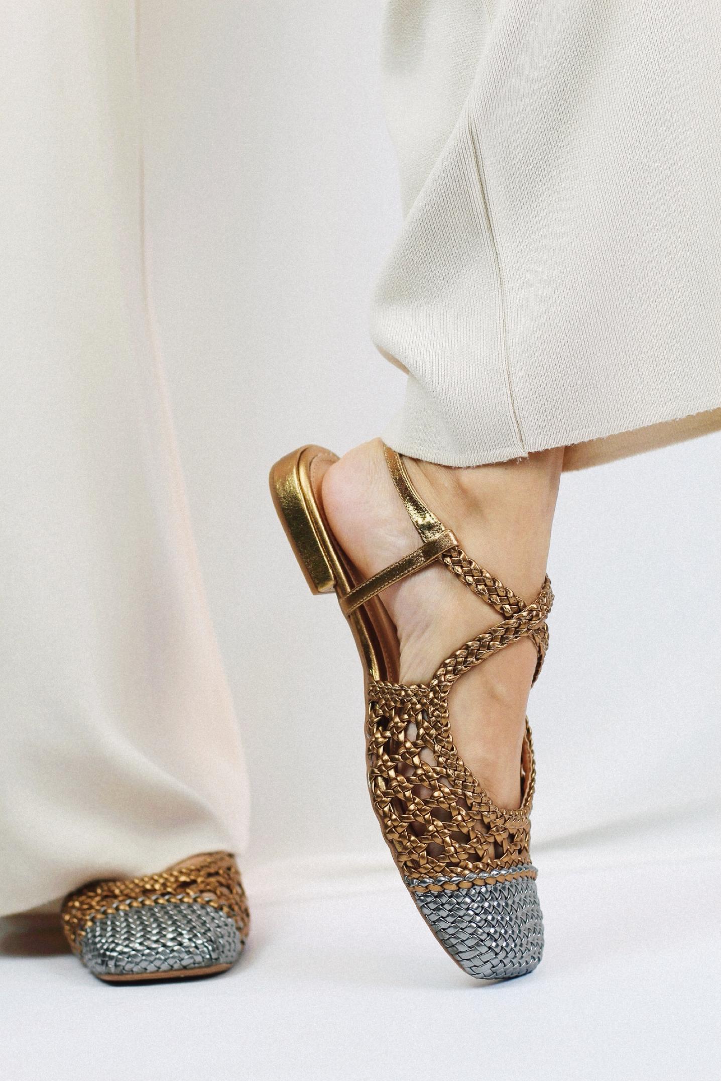 Mary Jane ballet flat with braided detail in bronze and silver.