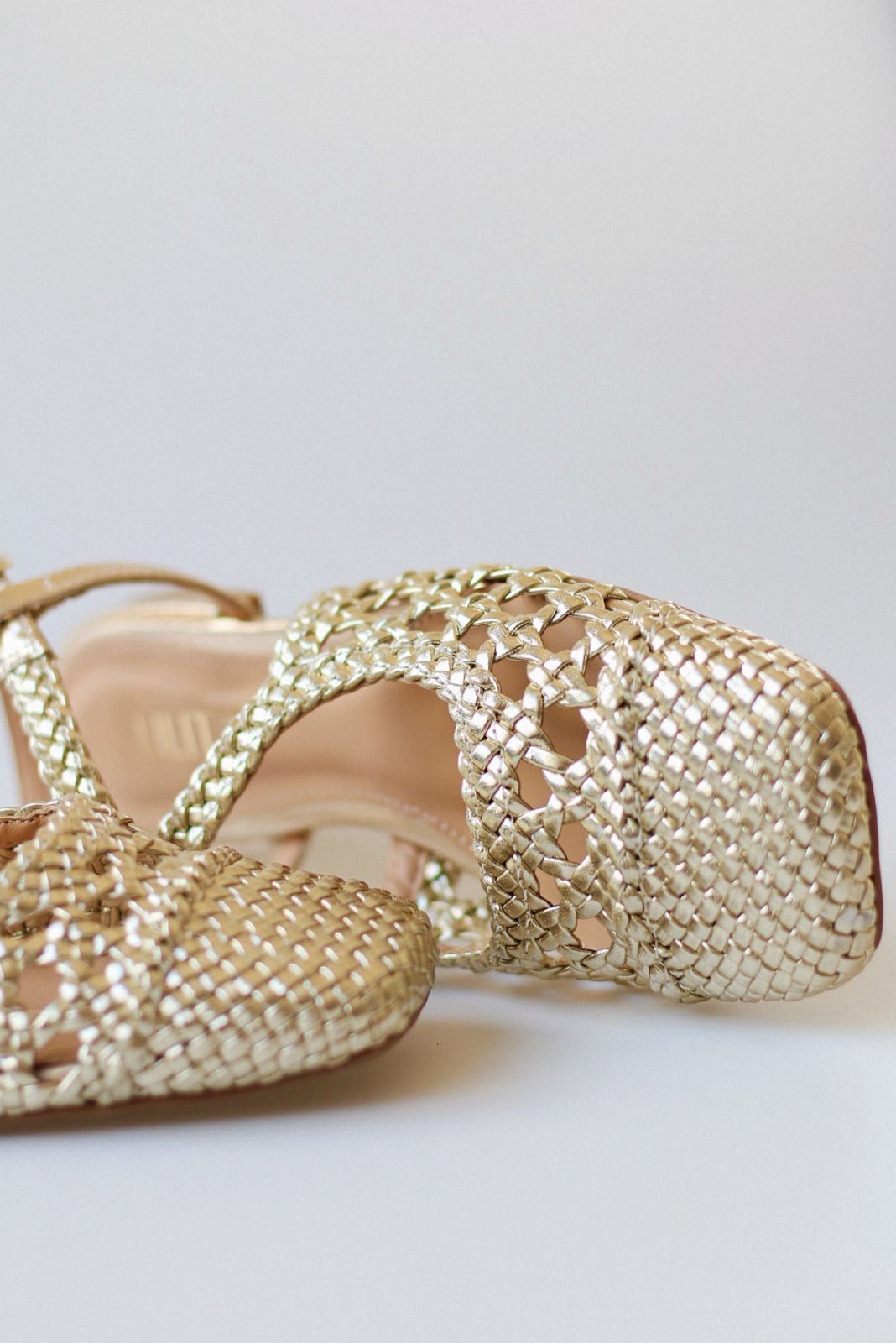 Mary Jane ballet flat with light gold braid.