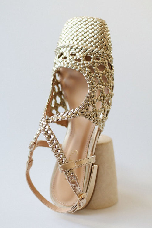 Mary Jane ballet flat with light gold braid.