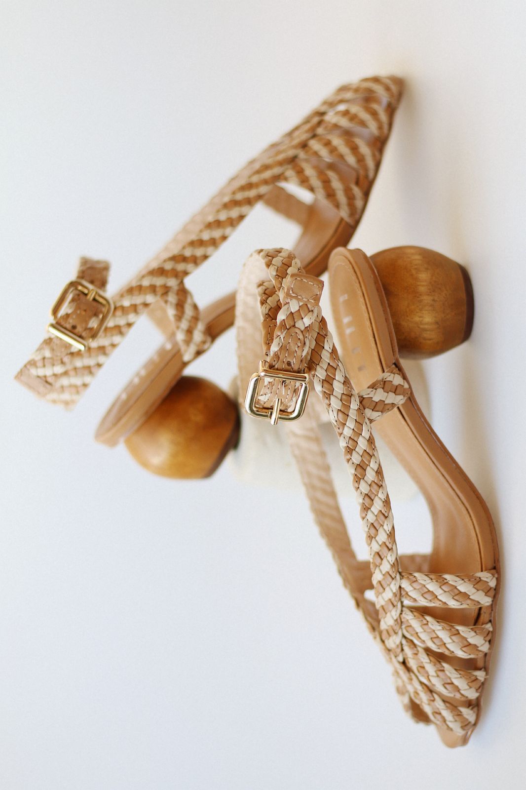 Abby sandal with two-tone braided detail and chestnut wood heel.