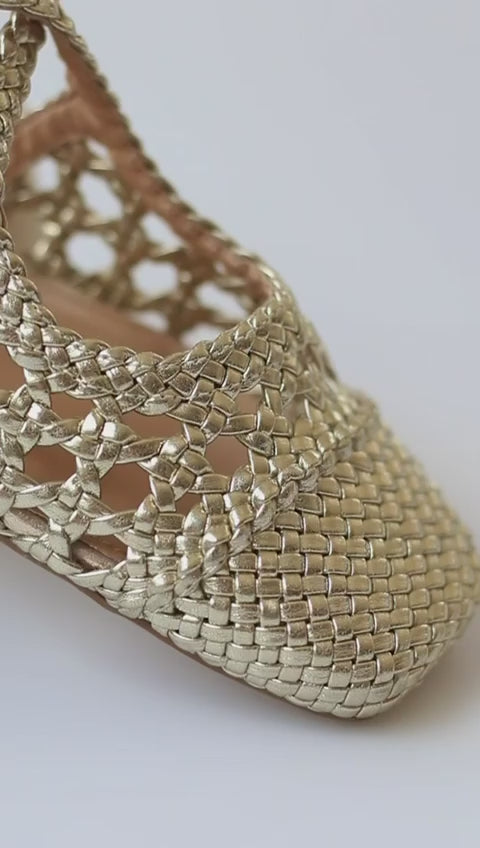 Mary Jane ballet flat with light gold braid.